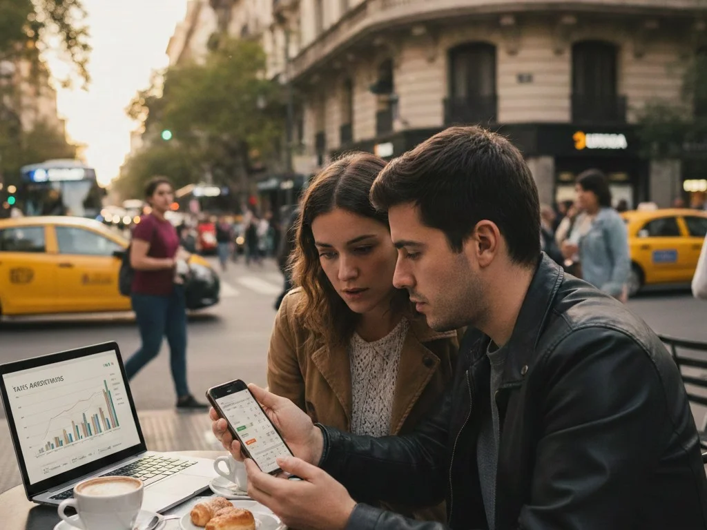 Pareja consultando precios de alquileres en un café de Buenos Aires